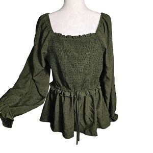 Hayden Los Angeles Smocked Green Textured Blouse Top Square Neck Elastic Waist L
